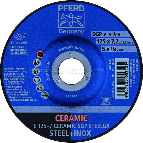 Купить в Минске Круг шлифовальный PFERD CERAMIC SGP STEELOX 125/230